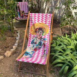 Art deckchair with figurative paintings of Brazilians in bikinis by Chad Keveny, South of France, Transat, chilienne, colourful