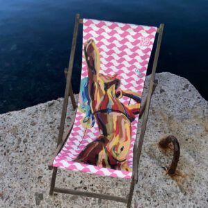 Art deckchair with figurative paintings of Brazilians in bikinis by Chad Keveny, South of France, Transat, chilienne, colourful